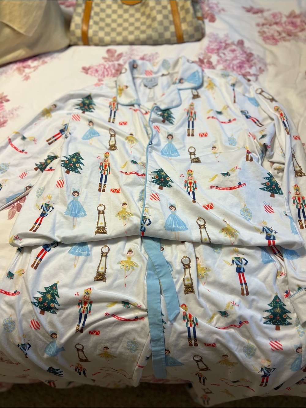 Women's Little Lamb & Co. White Nutcracker Print Pajama Set with Light Blue Trim